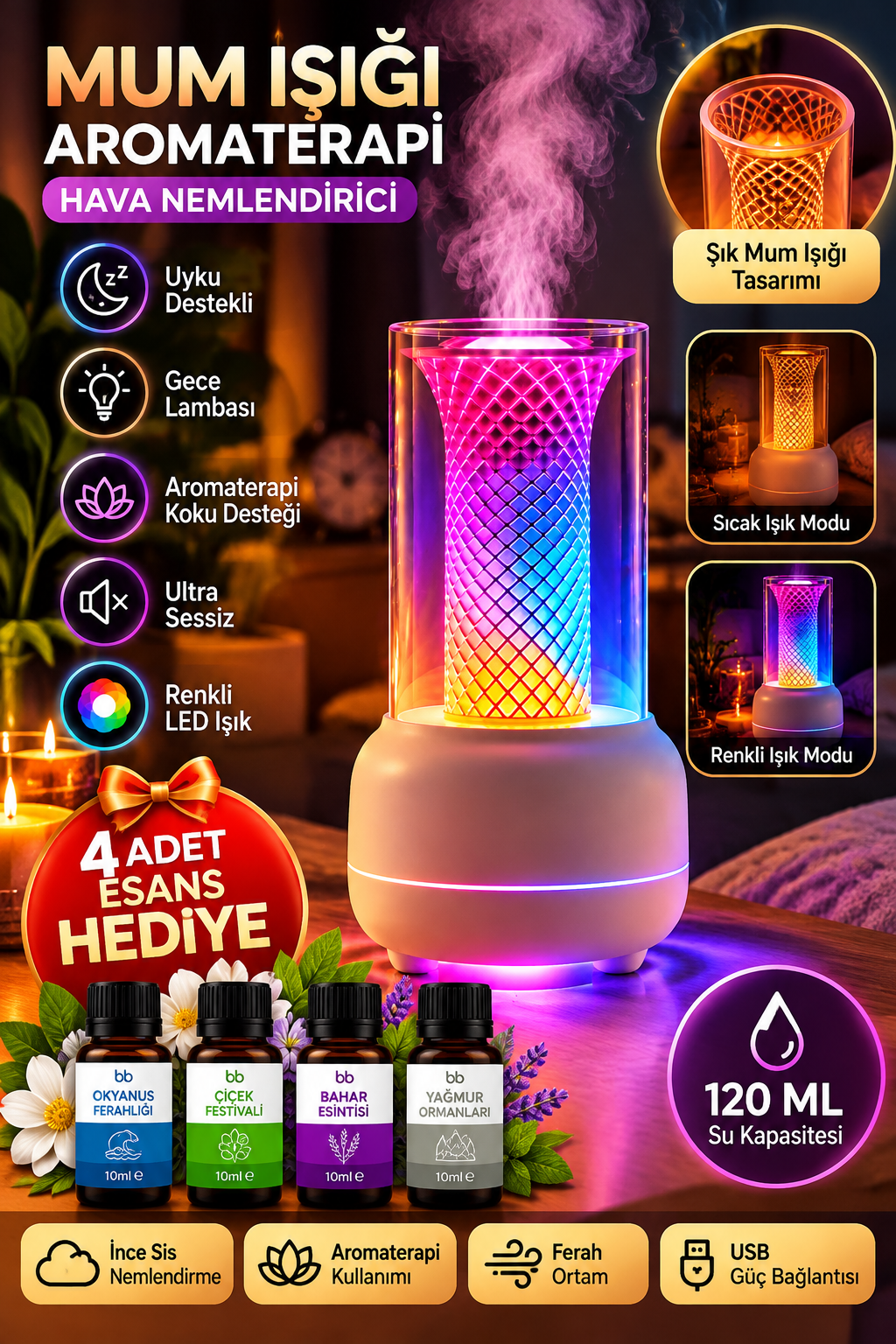 4 Adet Esans Hediyeli Mum Işığı Efektli Aromaterapi Hava Nemlendirici 120 ML RGB LED Gece Lambalı USB Koku Difüzörü